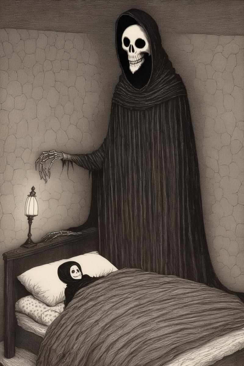 00213-1318238450-_lora_Edward Gorey Style_1_Edward Gorey Style - EdwardGorey Father asleep in bed with child and grim reaper watching over him.png